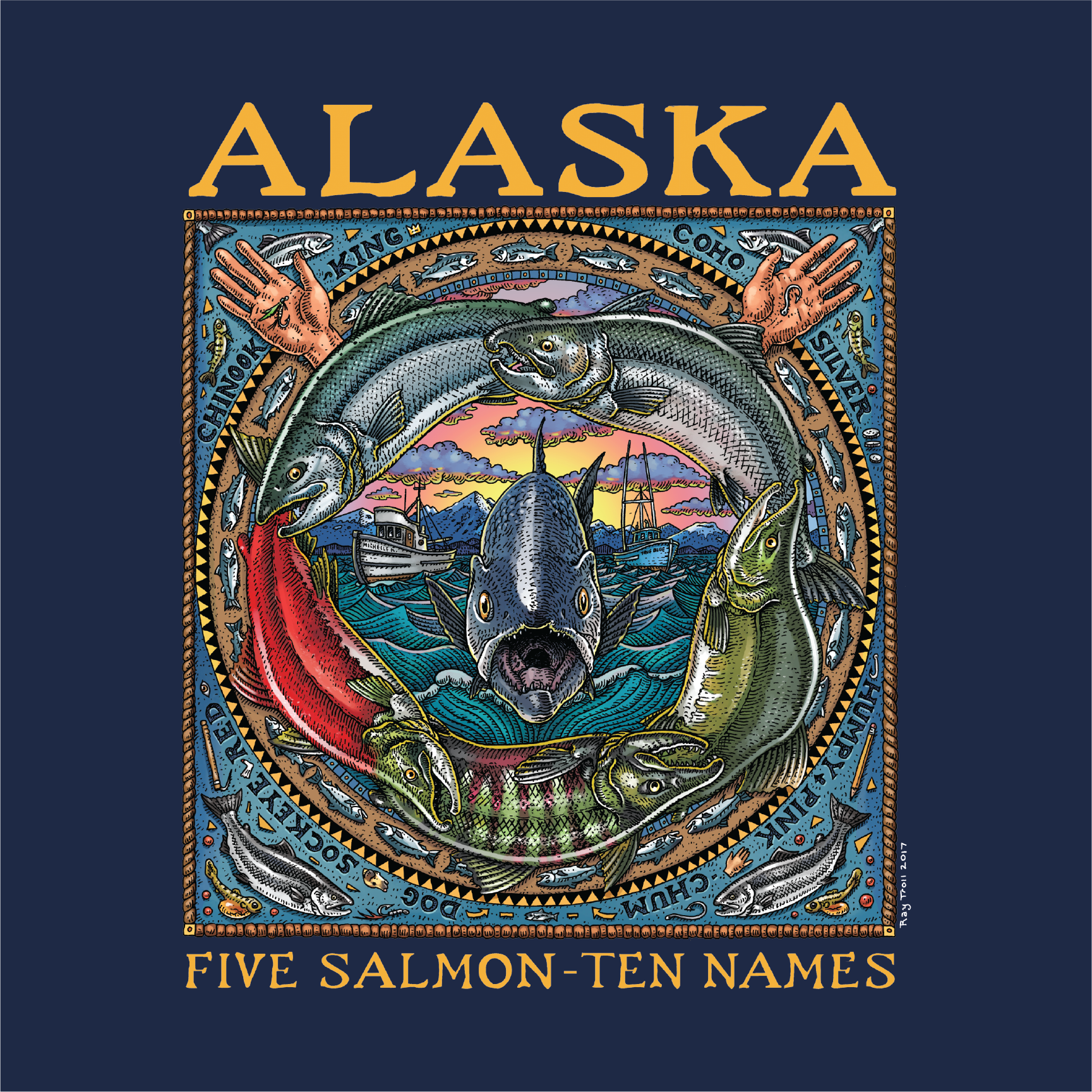 FIVE SALMON, TEN NAMES T-SHIRT