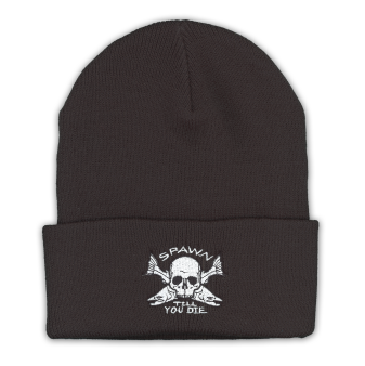 SPAWN TILL YOU DIE BEANIE

 	100% Acrylic
 	Message on the front: Spawn Till You Die