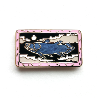 MIDNIGHT COELACANTH PIN

Ray Troll's design on a beautifully enameled, hand-crafted pin manufactured by William Spear Design of Juneau, Alaska. The metal is copper that has been electroplated with gold.

Size: 5/8