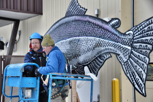 Bolting the salmon to the hatchery building
