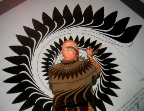 Ken Deroux painting the whorl of Helicoprion teeth