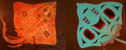 Roberto's skate on the left, Will's on the right in traditional totemic style