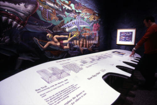 a cool surfboard display with shark bite cut outs,Science Museum of Minnesota , 2001