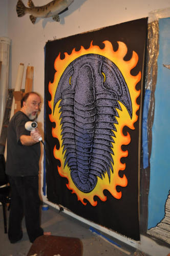 A flaming trilobite painted with my ratfish brother Russell Wodehouse
