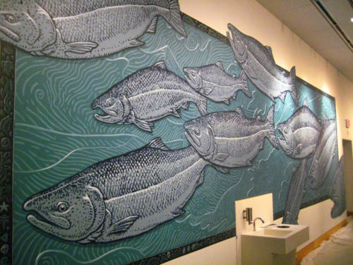 Anchorage Museum salmon mural painted with volunteers
