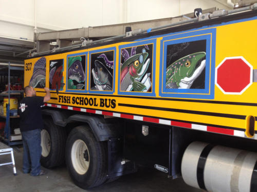 Hand painted Anchorage hatchery truck AKA "the Fish School Bus"