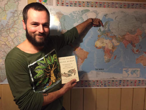 philosopher Martin Lee Mueller in a Salmon Family t shirt