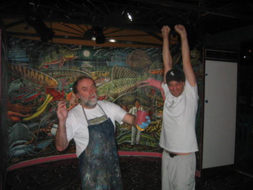 Sean Duran and I working late at night painting the dance floor, Miami, October, 2005